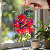 Red Hibiscus Acrylic Wavy Suncatcher Ornament, Tropical Floral Faux Stained Glass Window Hanging, Exotic Garden Decor for Nature Lovers