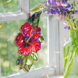 Red Hibiscus Acrylic Wavy Suncatcher Ornament, Tropical Floral Faux Stained Glass Window Hanging, Exotic Garden Decor for Nature Lovers