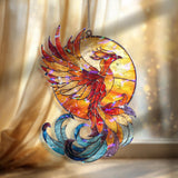 Phoenix Acrylic Wavy Suncatcher Ornament, Vibrant Mythical Bird Faux Stained Glass Window Hanging, Fiery Fantasy Decor for Spiritual Homes