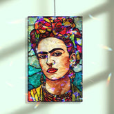 Frida Kahlo Acrylic Wavy Suncatcher Ornament, Colorful Rectangular Faux Stained Glass Portrait Panel, Artistic Mexican Window Home Decor