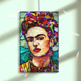 Frida Kahlo Acrylic Wavy Suncatcher Ornament, Colorful Rectangular Faux Stained Glass Portrait Panel, Artistic Mexican Window Home Decor
