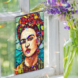 Frida Kahlo Acrylic Wavy Suncatcher Ornament, Colorful Rectangular Faux Stained Glass Portrait Panel, Artistic Mexican Window Home Decor