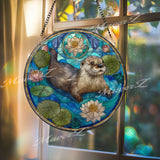 Otter Acrylic Suncatcher, Round Water Lily Pond Window Panel, Nature Wildlife Home Decor, Stained Glass Style Animal Lover Gift