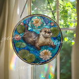 Otter Acrylic Suncatcher, Round Water Lily Pond Window Panel, Nature Wildlife Home Decor, Stained Glass Style Animal Lover Gift