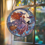 Witch Stained Glass Suncatcher, Round Halloween Moon Window Panel with Cat, Bat, and Broomstick, Gothic Witchy Glass Art Decor