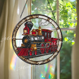 Train Stained Glass Suncatcher, Round Vintage Steam Locomotive Window Panel, Retro Railroad Glass Art Hanging Home Decor