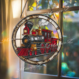 Train Stained Glass Suncatcher, Round Vintage Steam Locomotive Window Panel, Retro Railroad Glass Art Hanging Home Decor