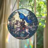 Knight on Horse Stained Glass Suncatcher, Round Medieval Warrior Window Panel with Blue Flag, Fantasy Castle Glass Art Decor