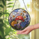 Mushroom Floral Stained Glass Suncatcher, Round Toadstool with Daisies and Wildflowers Window Panel, Cottagecore Nature Glass Decor