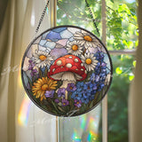 Mushroom Floral Stained Glass Suncatcher, Round Toadstool with Daisies and Wildflowers Window Panel, Cottagecore Nature Glass Decor