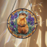 Groundhog Stained Glass Suncatcher, Round Prairie Dog Window Panel with Purple Flowers, Woodland Nature Glass Art Decor