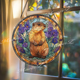 Groundhog Stained Glass Suncatcher, Round Prairie Dog Window Panel with Purple Flowers, Woodland Nature Glass Art Decor