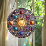 Solar System Stained Glass Suncatcher, Round Planet Window Panel with Sun and Stars, Cosmic Galaxy Glass Art for Astronomy Lovers