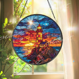 Lighthouse Sunset Stained Glass Suncatcher: Coastal Home Decor