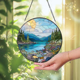Mountain Lake Stained Glass Suncatcher: Alpine Forest Window Decor