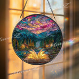 Mountain Cabin Stained Glass Suncatcher: Open Book, Starry Sky Window Decor
