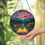Mountain Cabin Stained Glass Suncatcher: Open Book, Starry Sky Window Decor