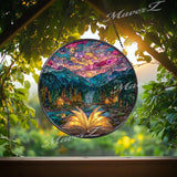 Mountain Cabin Stained Glass Suncatcher: Open Book, Starry Sky Window Decor