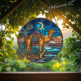 Camel Desert Suncatcher: Crescent Moon Oasis Stained Glass Window Decor