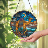 Camel Desert Suncatcher: Crescent Moon Oasis Stained Glass Window Decor