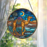 Camel Desert Suncatcher: Crescent Moon Oasis Stained Glass Window Decor