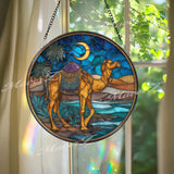 Camel Desert Suncatcher: Crescent Moon Oasis Stained Glass Window Decor
