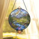 Mountain Landscape Stained Glass Suncatcher, Round Alpine Window Panel with River, Sheep and Wildflowers, Nature Glass Art Decor