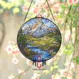 Mountain Landscape Stained Glass Suncatcher, Round Alpine Window Panel with River, Sheep and Wildflowers, Nature Glass Art Decor