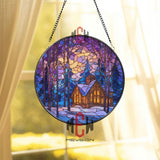 Cozy Cabin Winter Stained Glass Suncatcher, Round Snowy Forest Window Panel with Moonlight, Rustic Lodge Glass Art Home Decor
