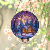 Cozy Cabin Winter Stained Glass Suncatcher, Round Snowy Forest Window Panel with Moonlight, Rustic Lodge Glass Art Home Decor