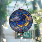 Moon and Stars Stained Glass Suncatcher, Round Crescent Moon with Clouds and Starry Sky Window Panel, Celestial Night Glass Art Decor