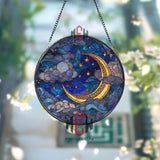 Moon and Stars Stained Glass Suncatcher, Round Crescent Moon with Clouds and Starry Sky Window Panel, Celestial Night Glass Art Decor