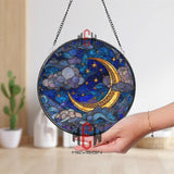 Moon and Stars Stained Glass Suncatcher, Round Crescent Moon with Clouds and Starry Sky Window Panel, Celestial Night Glass Art Decor