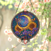 Sunflower Moon Stained Glass Suncatcher, Round Crescent Moon with Butterflies and Flowers Window Panel, Celestial Floral Glass Art Decor