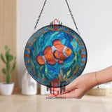 Clownfish Stained Glass Suncatcher, Round Ocean Sea Life Window Panel, Colorful Underwater Marine Glass Art Decor for Beach Lovers