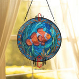 Clownfish Stained Glass Suncatcher, Round Ocean Sea Life Window Panel, Colorful Underwater Marine Glass Art Decor for Beach Lovers