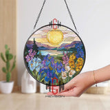 Sunrise Flower Field Stained Glass Suncatcher, Round Mountain Lake Window Panel, Colorful Iris and Wildflower Glass Art Decor