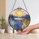 Sunrise Flower Field Stained Glass Suncatcher, Round Mountain Lake Window Panel, Colorful Iris and Wildflower Glass Art Decor