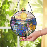 Sunrise Flower Field Stained Glass Suncatcher, Round Mountain Lake Window Panel, Colorful Iris and Wildflower Glass Art Decor