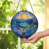 Golden Sunrise Floral Stained Glass Suncatcher, Round Mountain Lake Window Panel, Blue and Yellow Wildflower Glass Art Decor