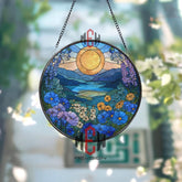Golden Sunrise Floral Stained Glass Suncatcher, Round Mountain Lake Window Panel, Blue and Yellow Wildflower Glass Art Decor