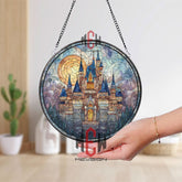 Fantasy Castle Stained Glass Suncatcher, Round Fairytale Kingdom Window Panel, Blue Spire Glass Art, Enchanted Medieval Home Decor
