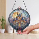 Fantasy Castle Stained Glass Suncatcher, Round Fairytale Kingdom Window Panel, Blue Spire Glass Art, Enchanted Medieval Home Decor
