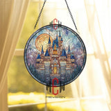 Fantasy Castle Stained Glass Suncatcher, Round Fairytale Kingdom Window Panel, Blue Spire Glass Art, Enchanted Medieval Home Decor