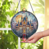 Fantasy Castle Stained Glass Suncatcher, Round Fairytale Kingdom Window Panel, Blue Spire Glass Art, Enchanted Medieval Home Decor
