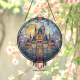 Fantasy Castle Stained Glass Suncatcher, Round Fairytale Kingdom Window Panel, Blue Spire Glass Art, Enchanted Medieval Home Decor