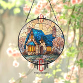 Cozy Cottage Stained Glass Suncatcher, Round Fairytale House Window Panel with Blue Roof, Warm Light Glass Art Home Decor