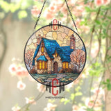 Cozy Cottage Stained Glass Suncatcher, Round Fairytale House Window Panel with Blue Roof, Warm Light Glass Art Home Decor