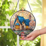 Cozy Cottage Stained Glass Suncatcher, Round Fairytale House Window Panel with Blue Roof, Warm Light Glass Art Home Decor