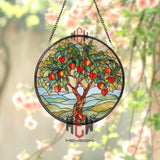 Peach Tree Stained Glass Suncatcher, Round Fruit Tree Window Panel with Vibrant Leaves and Blossoms, Nature Garden Glass Art Decor